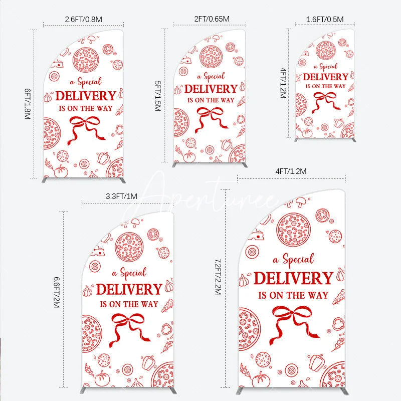 Aperturee - Aperturee Red Line Art Pizza and Ingredients Special Delivery Half Moon Arch Backdrop Baby Shower Birthday Party Decor
