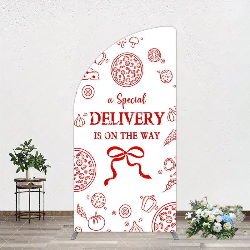 Aperturee - Aperturee Red Line Art Pizza and Ingredients Special Delivery Half Moon Arch Backdrop Baby Shower Birthday Party Decor