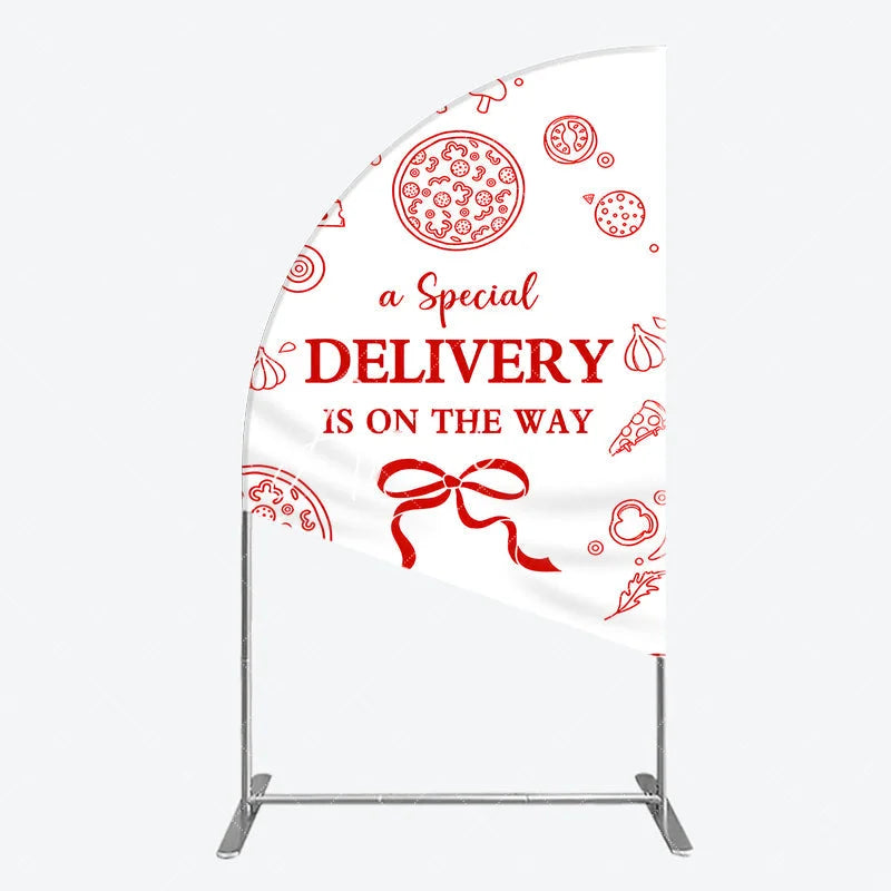 Aperturee - Aperturee Red Line Art Pizza and Ingredients Special Delivery Half Moon Arch Backdrop Baby Shower Birthday Party Decor