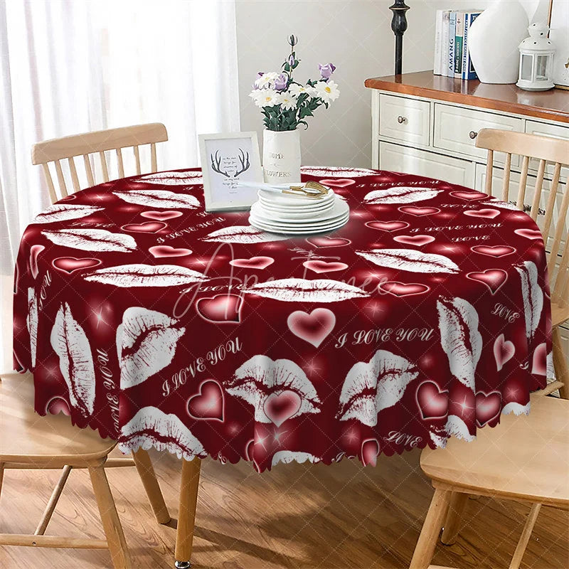 Aperturee - Aperturee Red Lip I Love You Round Tablecloth Romantic Kiss Mark Heart Table Cover for Valentine