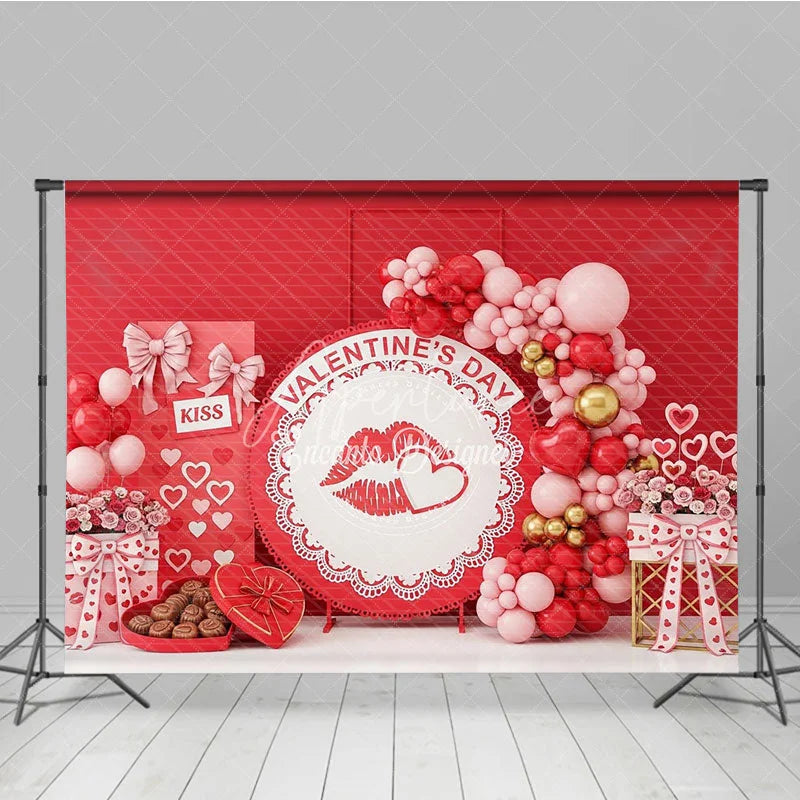 Aperturee - Aperturee Red Lips Valentine Day Backdrop Chocolate Gift Box Balloon Garland Background Romantic Party Photography Decor