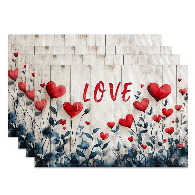 Aperturee - Aperturee Red Love Heart Wood Plank Set of 4 Placemats Romantic Valentine Text Decoration Rustic Art Dining Table Mat