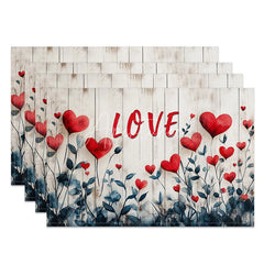 Aperturee - Aperturee Red Love Heart Wood Plank Set of 4 Placemats Romantic Valentine Text Decoration Rustic Art Dining Table Mat