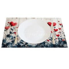 Aperturee - Aperturee Red Love Heart Wood Plank Set of 4 Placemats Romantic Valentine Text Decoration Rustic Art Dining Table Mat