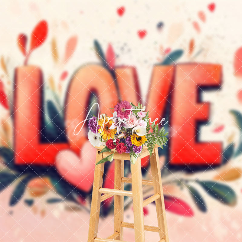 Aperturee - Aperturee Red Love Painted Plant Leaf Valentines Day Backdrop