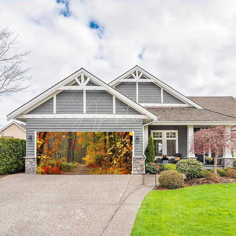 Aperturee - Aperturee Red Maple Forest Trod Autumn Garage Door Banner