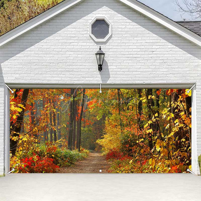 Aperturee - Aperturee Red Maple Forest Trod Autumn Garage Door Banner