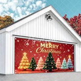 Aperturee - Aperturee Red Merry Christmas Garage Door Banner with Golden Text and Colorful Festive Trees Winter Holiday Decor
