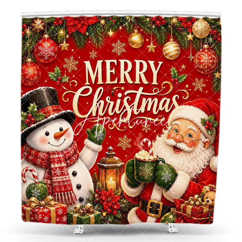 Aperturee - Aperturee Red Merry Christmas Santa and Snowman Shower Curtain Festive Holiday Gifts and Ornaments Decor