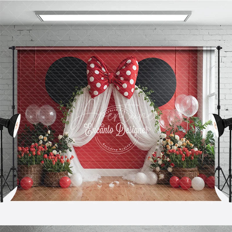 Aperturee - Aperturee Red Mouse Ears Birthday Backdrop Polka Dot Bow Arch Banner Girl First Birthday Cake Smash Photo Props