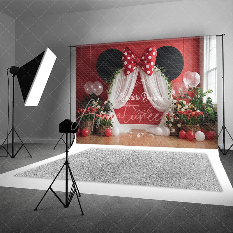 Aperturee - Aperturee Red Mouse Ears Birthday Backdrop Polka Dot Bow Arch Banner Girl First Birthday Cake Smash Photo Props