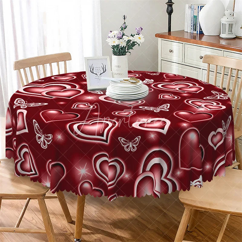 Aperturee - Aperturee Red Neon Heart Butterfly Round Tablecloth Glowing Love Pattern Table Cover for Valentine