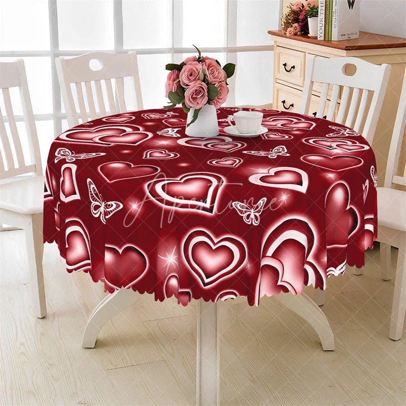 Aperturee - Aperturee Red Neon Heart Butterfly Round Tablecloth Glowing Love Pattern Table Cover for Valentine