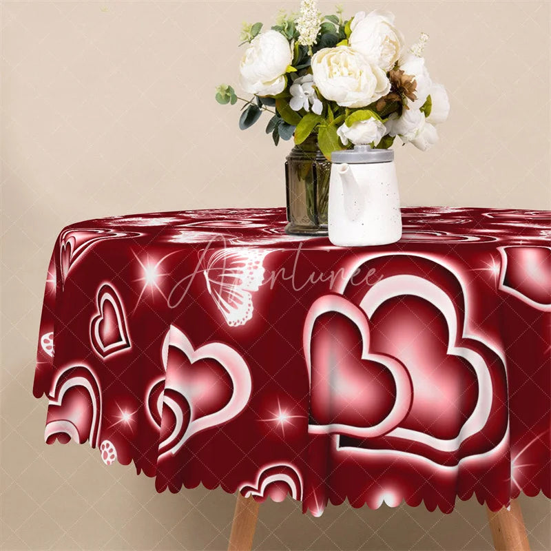 Aperturee - Aperturee Red Neon Heart Butterfly Round Tablecloth Glowing White Love Pattern Table Cover for Valentine