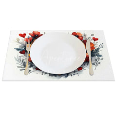 Aperturee - Aperturee Red Orange Floral Wood Heart Set of 4 Placemats Rustic Flower Valentine Decoration Farmhouse Dining Table Mat