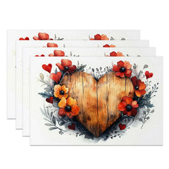 Aperturee - Aperturee Red Orange Floral Wood Heart Set of 4 Placemats Rustic Flower Valentine Decoration Farmhouse Dining Table Mat