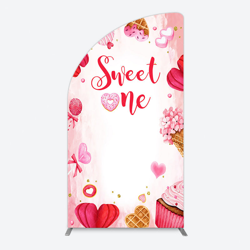 Aperturee - Aperturee Red Pink Candyland Desserts Sweet One Half Moon Arch Backdrop