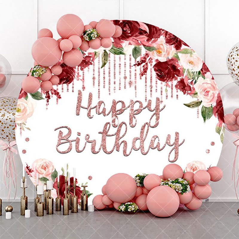 Aperturee - Aperturee Red Pink Floral Rose Gold Round Birthday Backdrop