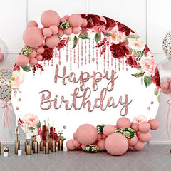 Aperturee - Aperturee Red Pink Floral Rose Gold Round Birthday Backdrop