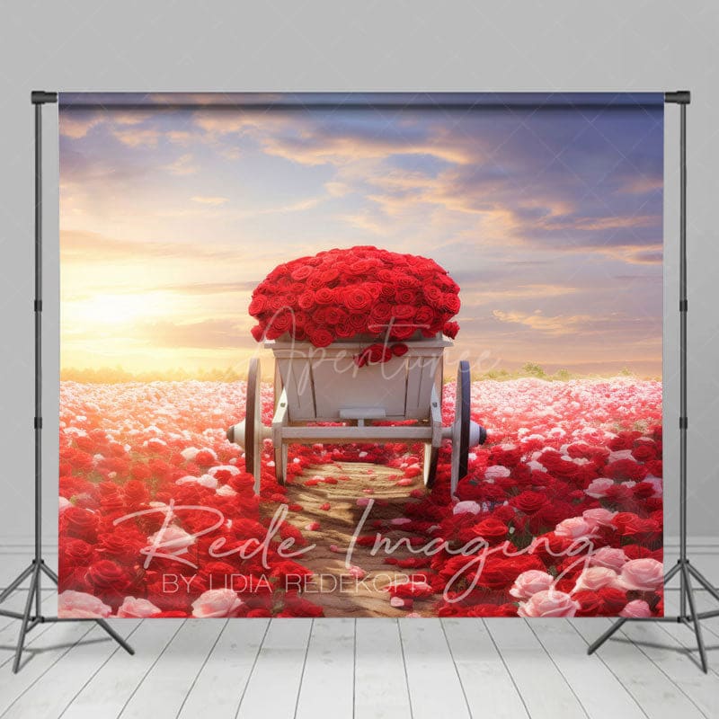 Aperturee - Aperturee Red Pink Rose Sea Cart Romantic Wedding Backdrop