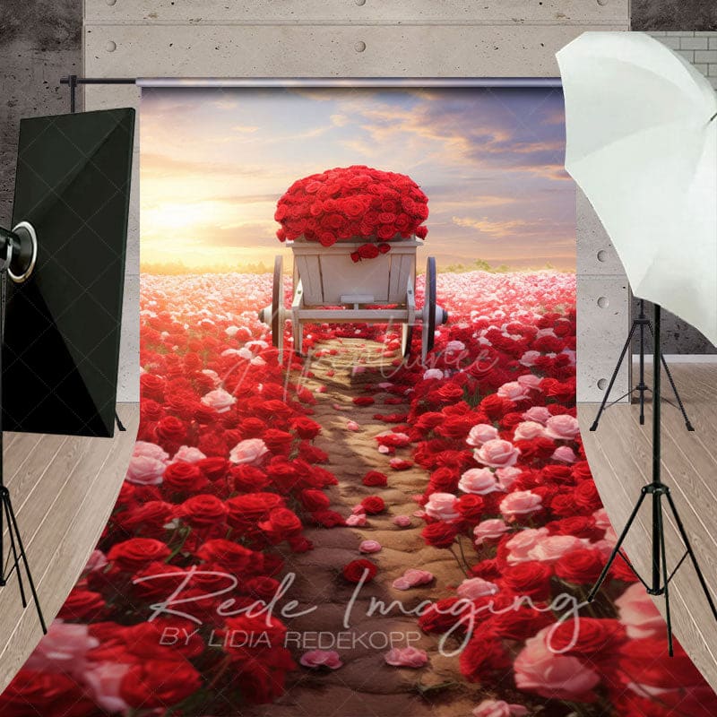 Aperturee - Aperturee Red Pink Rose Sea Cart Romantic Wedding Sweep Backdrop