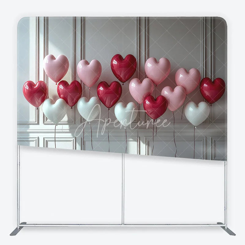 Aperturee - Aperturee Red Pink White Heart Balloons Square Double-Sided Backdrop Romantic Valentine’s Day Celebration Decor