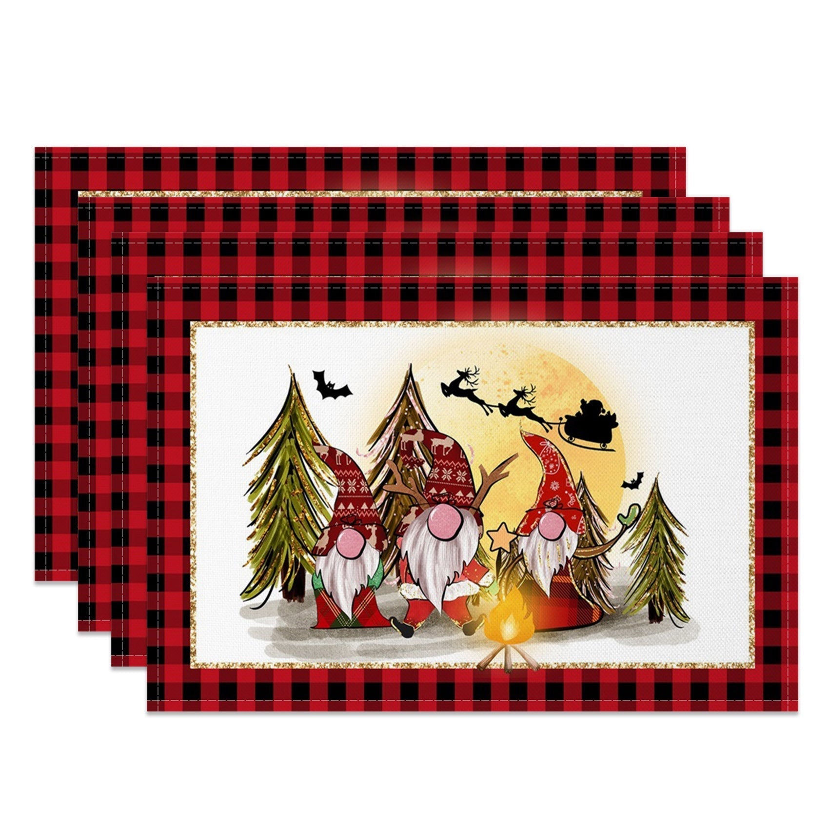 Aperturee - Aperturee Red Plaid Gnome Trees Christmas Set Of 4 Placemats