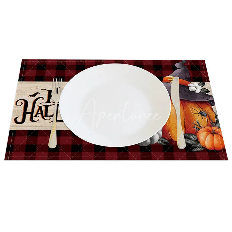 Aperturee - Aperturee Red Plaid Halloween Set of 4 Placemats with Pumpkin and Witch Hat for Farmhouse Spooky Decor