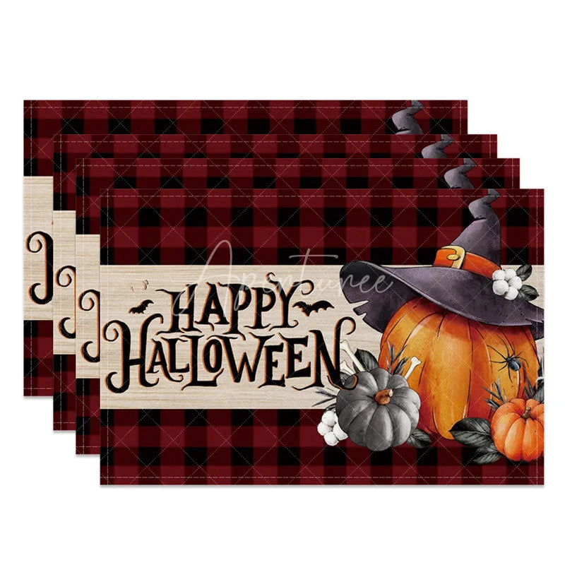 Aperturee - Aperturee Red Plaid Halloween Set of 4 Placemats with Pumpkin and Witch Hat for Farmhouse Spooky Decor