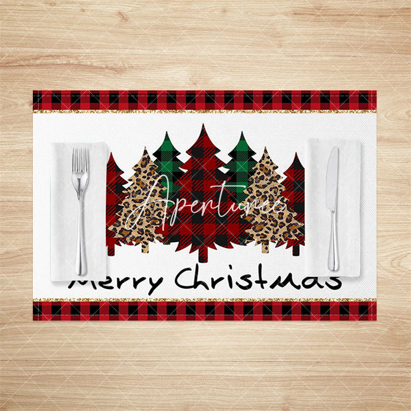 Aperturee - Aperturee Red Plaid Leopard Christmas Tree Set Of 4 Placemats