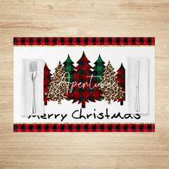 Aperturee - Aperturee Red Plaid Leopard Christmas Tree Set Of 4 Placemats