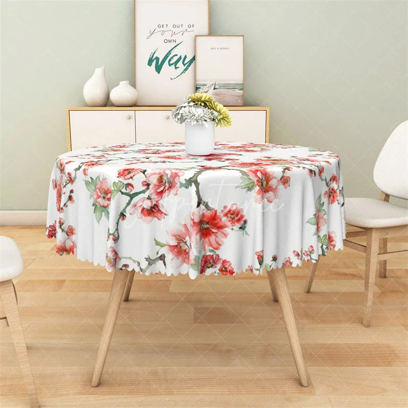Aperturee - Aperturee Red Plum Blossom Round Tablecloth Spring Floral Branch Table Cover for Holiday Party