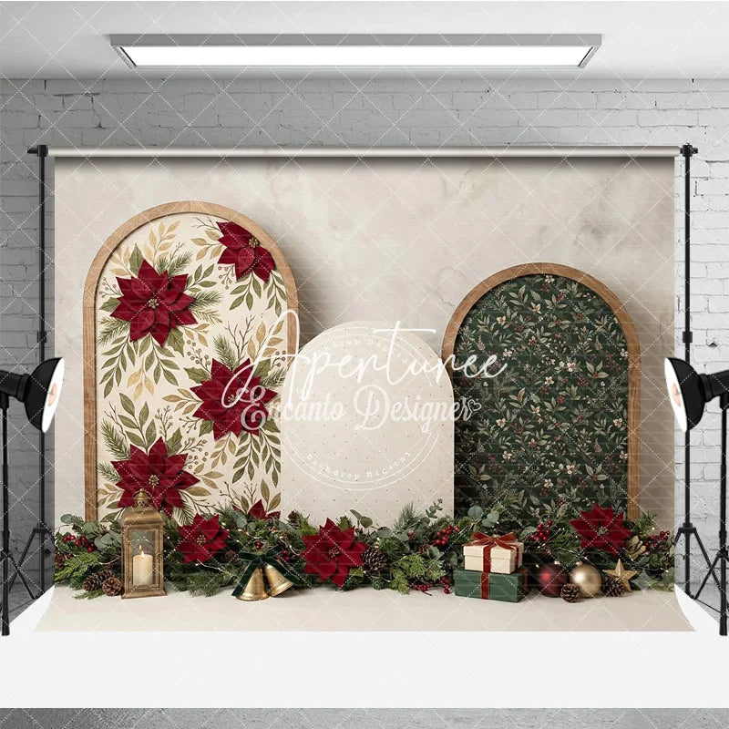 Aperturee - Aperturee Red Poinsettia and Green Foliage Christmas Holiday Backdrop Rustic Wooden Arch Winter Celebration Decor