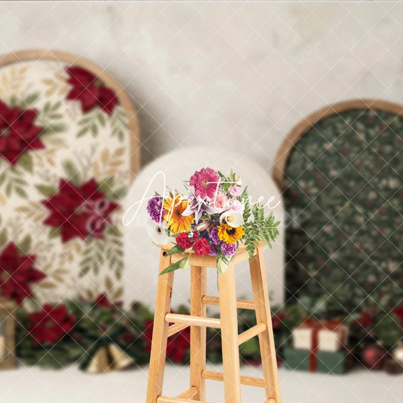 Aperturee - Aperturee Red Poinsettia and Green Foliage Christmas Holiday Backdrop Rustic Wooden Arch Winter Celebration Decor