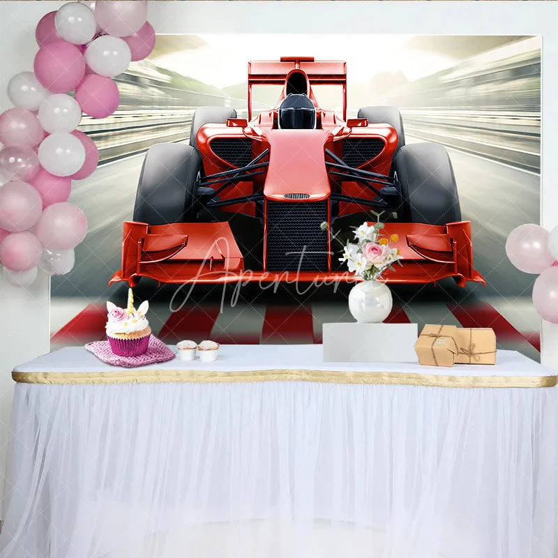 Aperturee - Aperturee Red Race Car Birthday Backdrop Fast Formula Racing Sport Theme Boys Party Photography Background