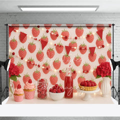 Aperturee - Aperturee Red Raspberry Garden Photo Backdrop Berry Sweet Birthday Cake Smash Photography Background