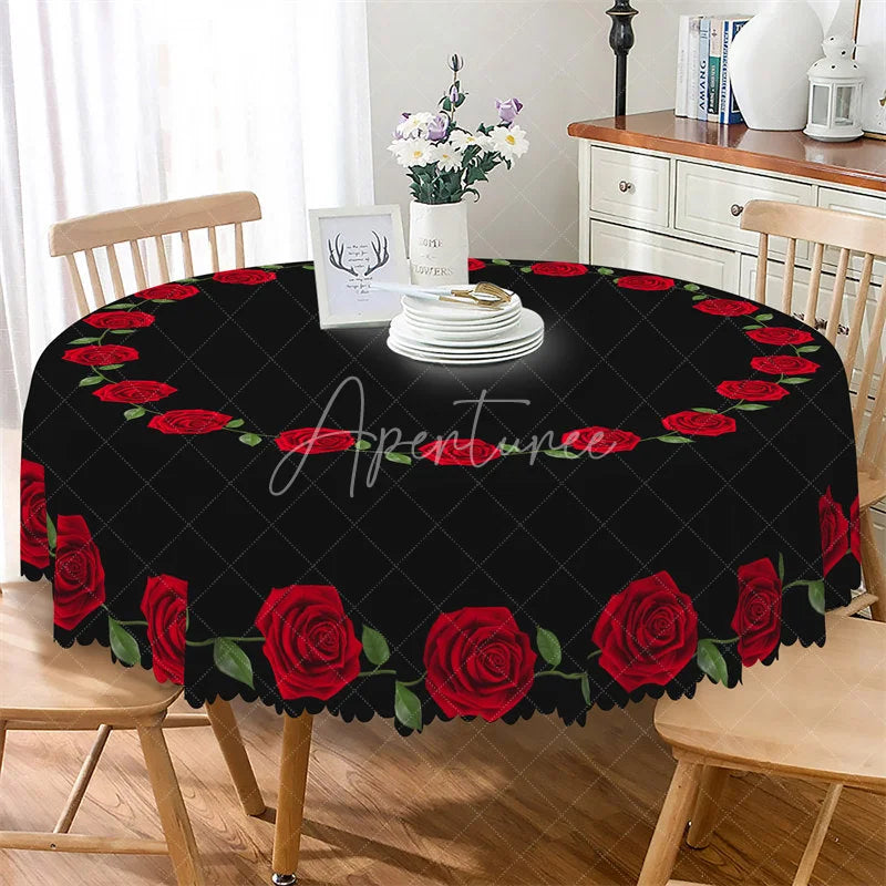 Aperturee - Aperturee Red Rose Border Black Round Tablecloth Minimalist Floral Ring Table Cover for Wedding