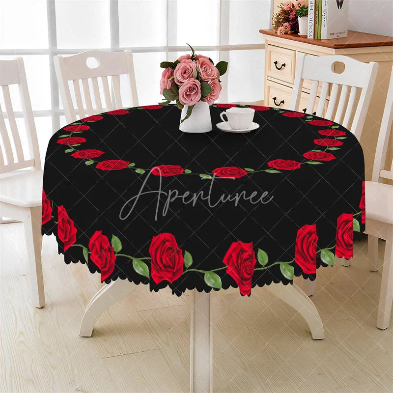 Aperturee - Aperturee Red Rose Border Black Round Tablecloth Minimalist Floral Ring Table Cover for Wedding