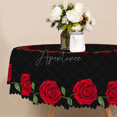 Aperturee - Aperturee Red Rose Border Black Round Tablecloth Minimalist Floral Ring Table Cover for Wedding
