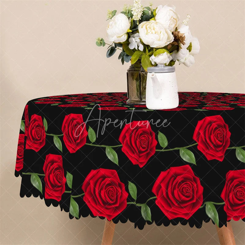 Aperturee - Aperturee Red Rose Circle Black Round Tablecloth Elegant Floral Spiral Table Cover for Dinner