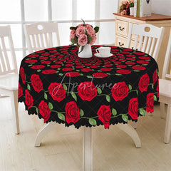 Aperturee - Aperturee Red Rose Circle Black Round Tablecloth Elegant Floral Spiral Table Cover for Dinner