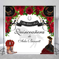 Aperturee - Aperturee Red Rose Cowgirl Custom Name Quinceanera Backdrop