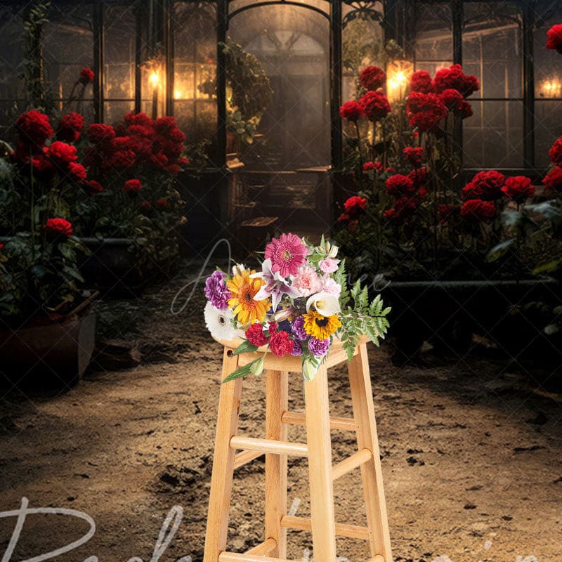 Aperturee - Aperturee Red Rose Dark Lovely Greenhouse Window Photo Backdrop