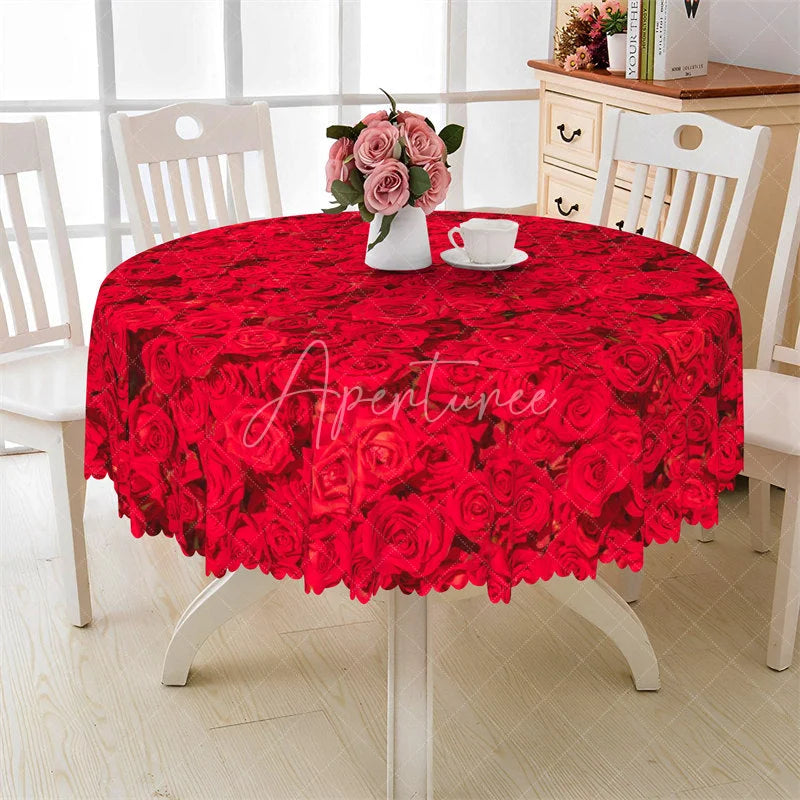 Aperturee - Aperturee Red Rose Flower Round Tablecloth Romantic Floral Garden Table Cover for Valentine