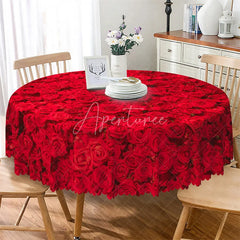 Aperturee - Aperturee Red Rose Flower Round Tablecloth Romantic Floral Garden Table Cover for Valentine