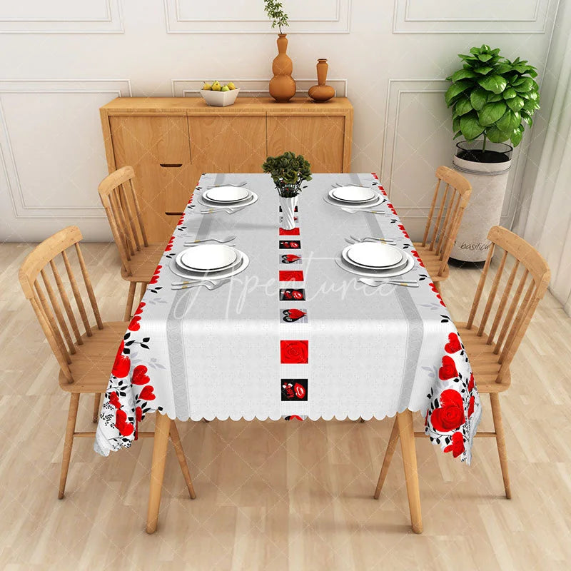Aperturee - Aperturee Red Rose Heart Geometric Rectangle Tablecloth Grey Texture Black Square Table Cover Modern Valentine Decor