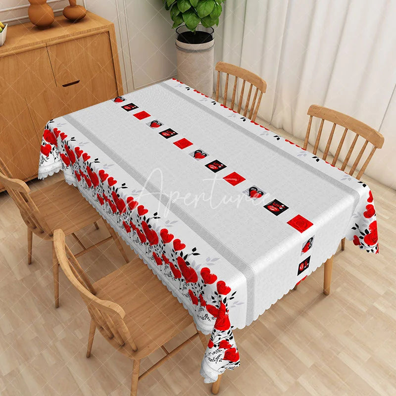 Aperturee - Aperturee Red Rose Heart Geometric Rectangle Tablecloth Grey Texture Black Square Table Cover Modern Valentine Decor