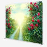Aperturee - Aperturee Red Roses and Green Foliage Sunlit Path Square Double-Sided Backdrop Romantic Garden Nature Scene