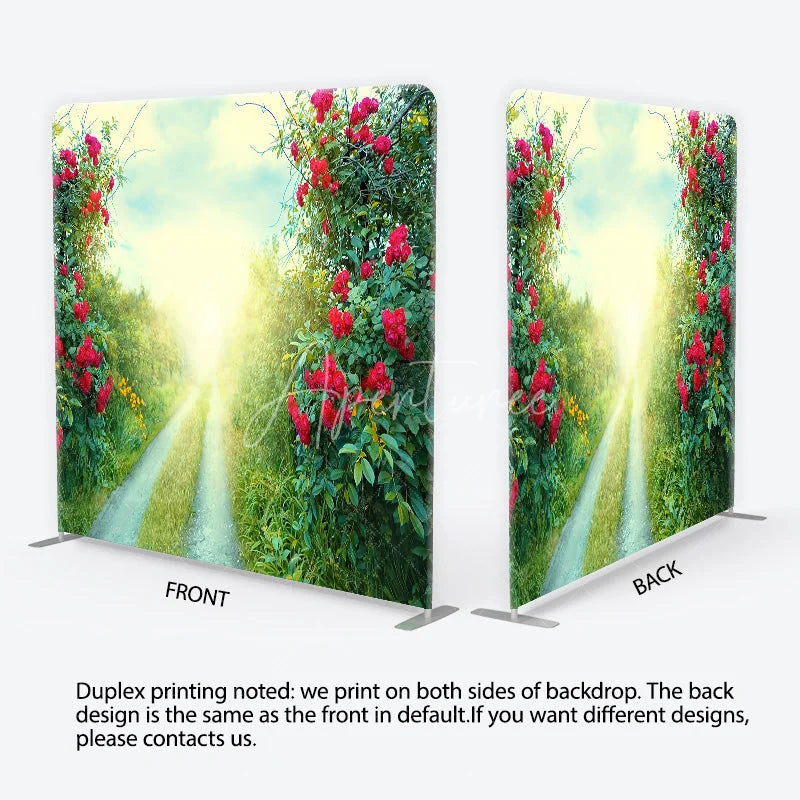 Aperturee - Aperturee Red Roses and Green Foliage Sunlit Path Square Double-Sided Backdrop Romantic Garden Nature Scene