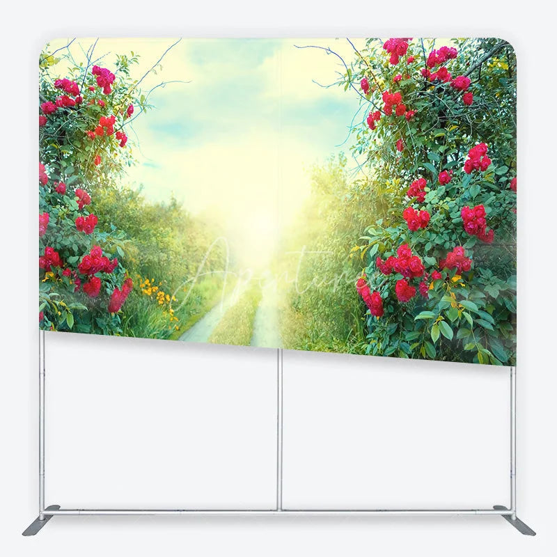 Aperturee - Aperturee Red Roses and Green Foliage Sunlit Path Square Double-Sided Backdrop Romantic Garden Nature Scene